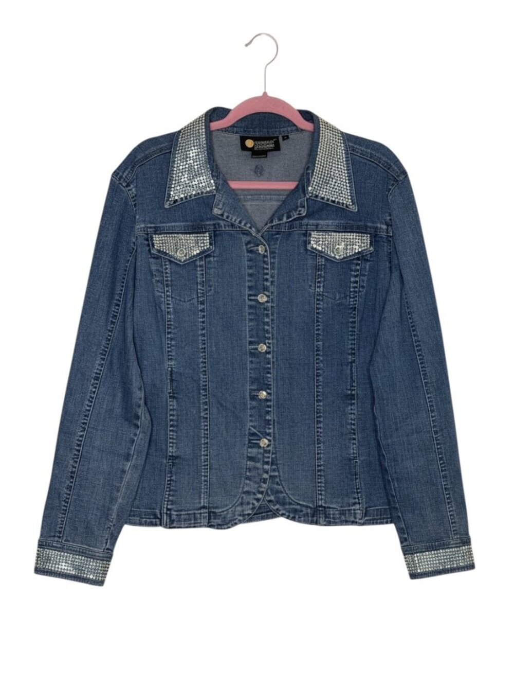 Christine Alexander Rhinestone Crystal Denim Jacket Jewel Bling Blue XL